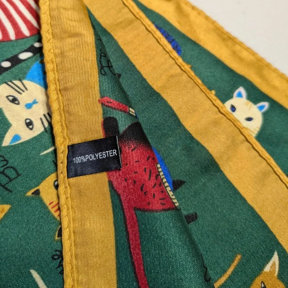 Whimsical assorted cats on silky green polyester with gold trim scarf, head wrap - Picture 4 of 15
